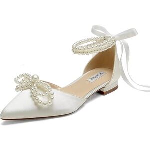 Elegant White Satin Pearl Embellished Flats